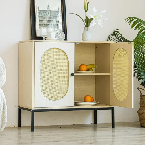 Miniatura 5 de Dolonm Armario de almacenamiento, aparador de madera con puertas ovaladas de ratán, armario de licor de bar, organizador de piso decorativo