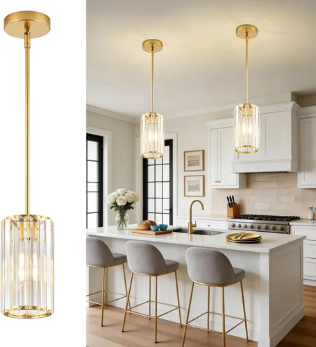1 Pack Crystal Pendant Lights Kitchen Island,Modern Gold Pendant Light Fixtures,Adjustable Hanging Lighting for Kitchen Island Dining Room Bar Foyer