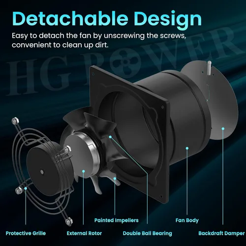 Miniatura 3 de HG Power Ventilador de escape de 6 pulgadas con controlador de velocidad, ventilador de pared de 308 CFM para cocina, baño, extractor de metal