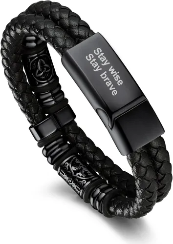 Miniatura 11 de Bandmax Pulseras de Puño de Cuerda de Cera Doble Negra para Hombres Impermeables de Acero Inoxidable Estilo Nórdico Nudo Celta Cuentas Pulsera
