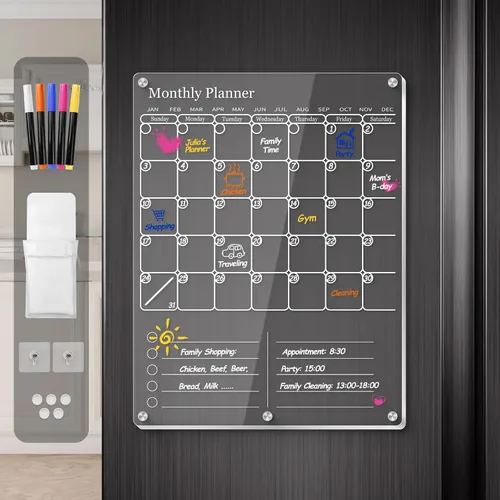 Miniatura 10 de Calendario magnético para refrigerador, calendario acrílico grueso para refrigerador con imanes fuertes, pizarra blanca transparente de borrado