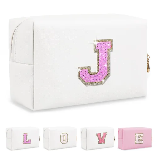 Miniatura 369 de Pequeña bolsa de maquillaje personalizada con inicial A-Z Preppy Patch, bolsa de cosméticos de viaje de felpilla blanca con cremallera, bonita bolsa