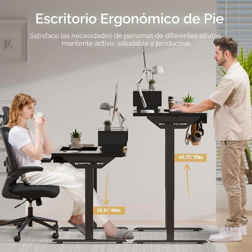 Miniatura 3 de GTPLAYER Escritorio eléctrico de pie con cajones, escritorio de juegos ajustable de altura de 48 x 24 pulgadas con soporte para monitor, tomas