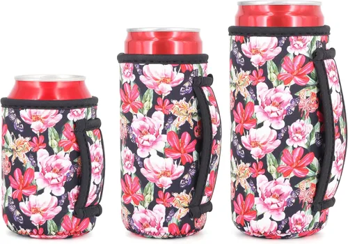 Miniatura 10 de Paquete de 3 fundas de neopreno reutilizables aisladas para latas con asa para refrescos, bebidas energéticas, gaseosas, cerveza, seltzer duro