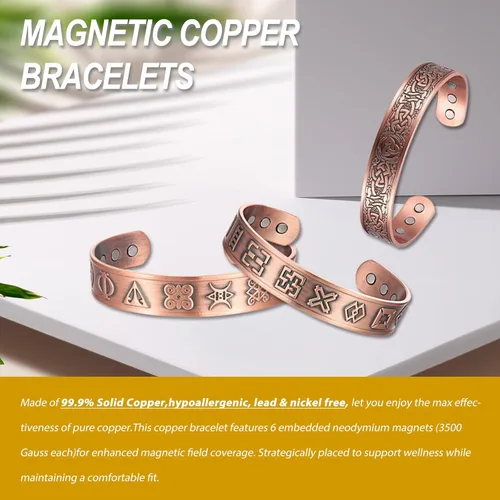 Miniatura 4 de Pulsera magnética de cobre para hombre, 99.9% de cobre puro, con 6 imanes de 3500 Gauss, pulsera magnética de cobre para hombres, pulseras de cobre