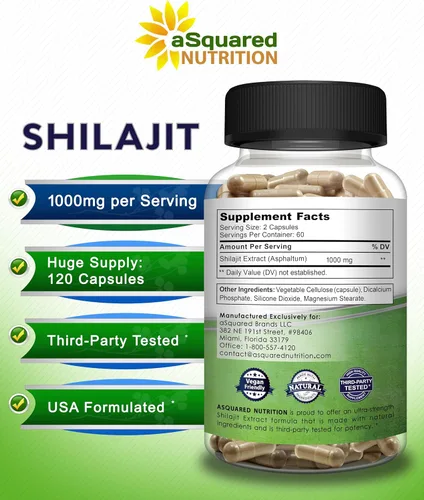 Miniatura 5 de aSquared Nutrition Shilajit 1000mg - 120 cápsulas - Suplemento de extracto puro de shilajit y píldoras complejas en polvo - Ácido húmico natural