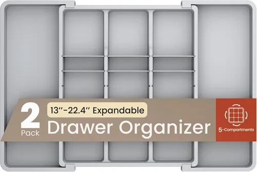 Miniatura 6 de Organizador de cajones de utensilios expandible negro, 1 paquete, ajustable de 13 a 22.4 pulgadas, organizador de cubiertos de 5 compartimentos