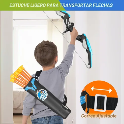 Miniatura 4 de HYES Paquete de 2 arcos y flechas para niños, juego de tiro con luz LED con 24 flechas de ventosa, 1 objetivo de pie, 6 objetivos de puntuación y 2
