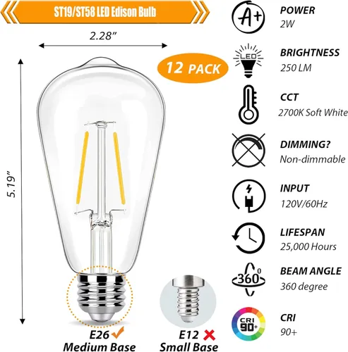 Miniatura 2 de Paquete de 12 bombillas LED Edison de 2W, bombillas de 25 vatios equivalentes, 2700K blanco cálido suave con base estándar E26, bombillas LED ST19