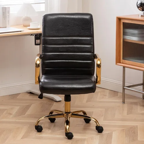 Miniatura 7 de BTEXPERT Silla de escritorio ajustable de piel sintética negra con brazos dorados, respaldo alto, para oficina en casa, (5162BK)