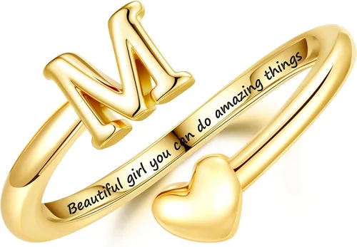 Miniatura 19 de Turandoss Regalos para el día de San Valentín para adolescentes, anillos de oro para niños, chapados en oro de 14 quilates con inicial para letra A