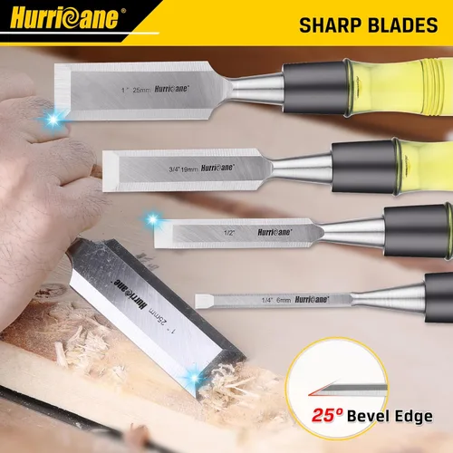 Miniatura 4 de HURRICANE - Juego de 4 cinceles de madera para carpintería. Hojas de acero CR-V con borde biselado y tapas de seguridad. Mango de PVC duradero
