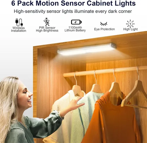 Miniatura 2 de Diomart Luces para debajo del gabinete, luz recargable con sensor de movimiento, luces nocturnas para interiores, 58 LED inalámbricas bajo
