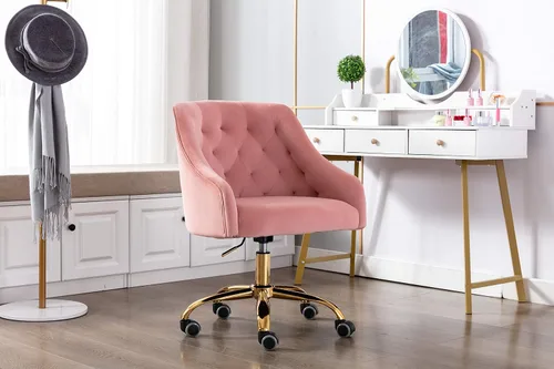 Miniatura 2 de Cómoda silla de trabajo para la oficina en casa con ruedas, bonita y moderna tapizada de terciopelo con respaldo de concha, silla de escritorio Rosa