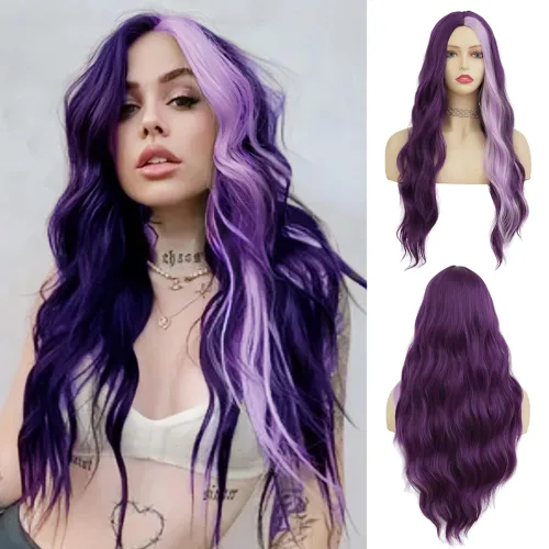 Miniatura 14 de Tseses Pelucas largas y onduladas de color azul degradado para mujer, pelucas de cabello sintético con raíces oscuras, cosplay, fiesta de Halloween