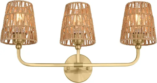 Miniatura 10 de VL837-BG-RA-2 - Lámparas de baño de 2 luces, luces de ratán dorado cepillado, aplique de doble pared con pantalla tejida a mano acampanada, apliques