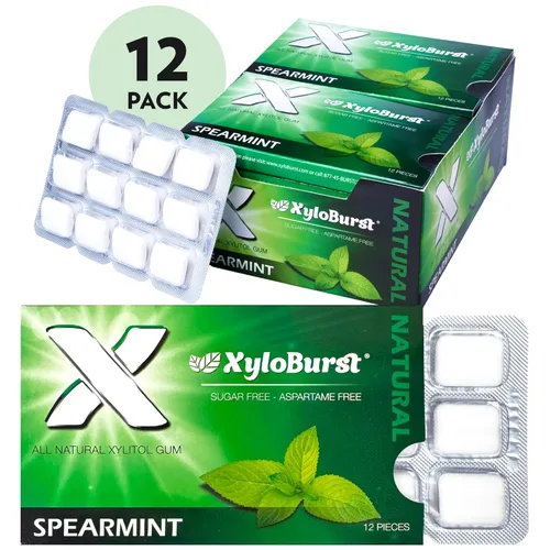 Miniatura 4 de XyloBurst Goma de mascar de xilitol Sin azúcar, sin gluten, apto para dieta cetogénica, sin aspartamo para la salud bucal, menta verde, 12 piezas