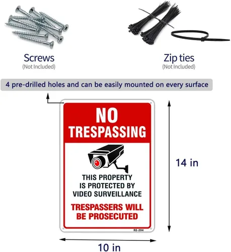 Miniatura 5 de Paquete de 2 letreros de metal grandes sin tropiezos de videovigilancia, 10 x 14 pulgadas, aluminio libre de óxido, propiedad protegida por cámara