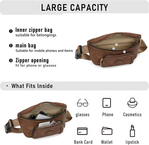 Miniatura 5 de Chinllo Riñonera para mujer, bolsa cruzada de moda para cinturón de cuero vegano con correa ajustable, Café, Moda