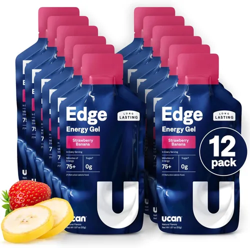 UCAN Edge Energy Gel Shots, Plátano y Fresa (12 Paquetes de 2 Onzas) para Correr, Entrenamiento, Ejercicios, Fitness, Ciclismo, Crossfit | Energía