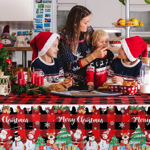 Miniatura 5 de Tiamon 3 piezas de mantel de Navidad 54 x 108 pulgadas, rojo, negro, mantel a cuadros de búfalo para mesa rectangular, mantel desechable de plástico