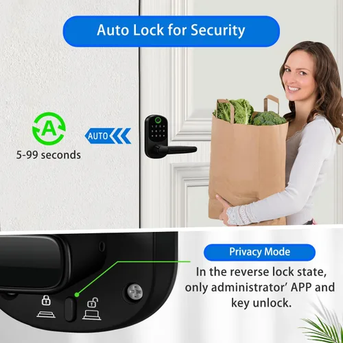 Miniatura 8 de Cerradura inteligente con asa, cerradura de puerta de entrada sin llave de huellas dactilares, control de aplicación, cerrojo de teclado con bloqueo