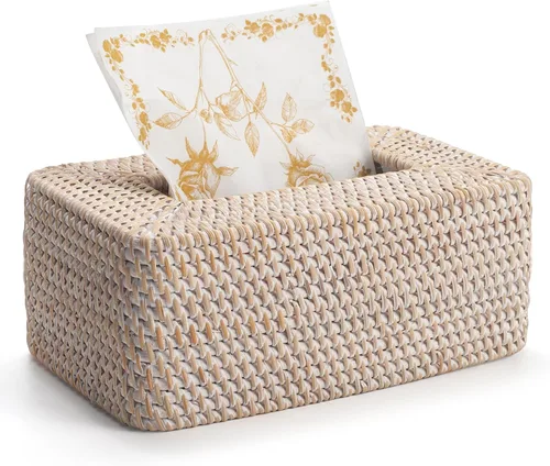 Miniatura 10 de Funda rectangular para caja de pañuelos de ratán, soporte rectangular de mimbre para pañuelos faciales, para baño, cocina, sala de estar, dormitorio
