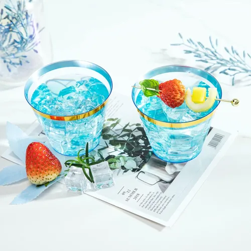 Miniatura 3 de LUODA 150 vasos de plástico azul, vasos desechables transparentes de 9 onzas con borde dorado, vasos de plástico con borde dorado, vasos de plástico