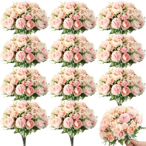 Miniatura 18 de Tigeen Flores artificiales, peonías artificiales, flores de seda, peonía sintética, ramo de hortensias de seda para mesa de boda, centro de mesa