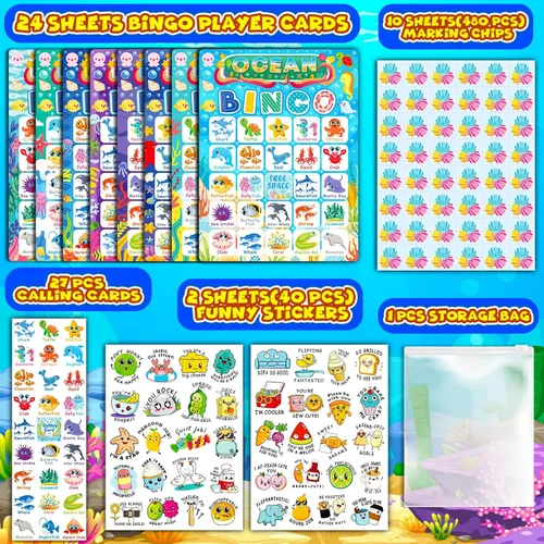 Miniatura 2 de YTSQLER Juego de bingo oceánico para 24 jugadores, animales del océano, juego de bingo para actividades infantiles, bajo el mar, juegos divertidos