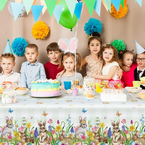 Miniatura 6 de Riakrum Mantel de Pascua rectangular de plástico con huevos de conejo, mantel floral para decoración y suministros de fiesta de Pascua, primavera