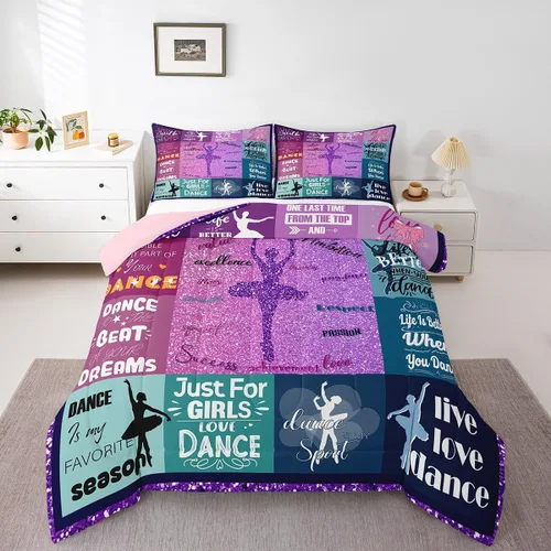 Erosebridal Juego de edredón para niñas de baile, tamaño individual, juego de ropa de cama de ballet con purpurina para niños, adolescentes y