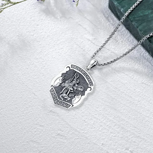 Miniatura 274 de Odinstone Collar de plata de ley 925 con medalla de San Miguel/San Cristóbal/San Benito/Crucifijo de Jesús/San Uriel/Arcángel Rafael para hombres
