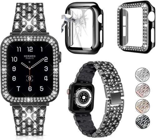 compatible con Apple Watch de 1.496 pulgadas 1.575 pulgadas 1.654 pulgadas 1.732 pulgadas con funda para mujer, correa de metal con diamante