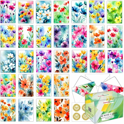 Miniatura 6 de PARTH iMPEX 36 tarjetas de notas florales en blanco con sobres - 10x15 cm Tarjetas de felicitación para todas las ocasiones, flores de acuarela