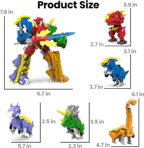 Miniatura 8 de Wenbeier - Juguetes de robot dinosaurio 5-en-1 transformables que incluyen 5 figuras de acción de dinosaurio - Construye y combina en un guerrero