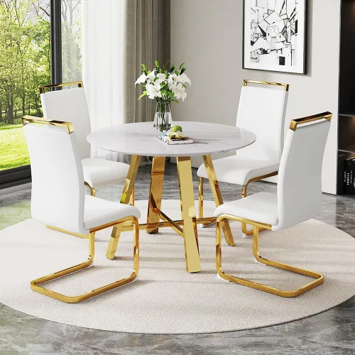 Miniatura 16 de Juego de 4 sillas de comedor redondas de 42 pulgadas para 4, sillas de mesa de cocina modernas para 4 mesas de comedor de mármol sintético, sillas
