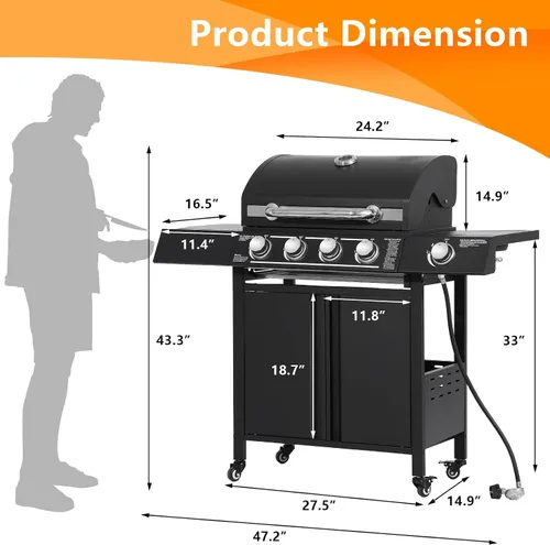 Miniatura 5 de Parrilla de gas propano de 4 quemadores con quemador lateral, parrilla de barbacoa al aire libre de 50,000 BTU, rejilla de cocción de hierro fundido