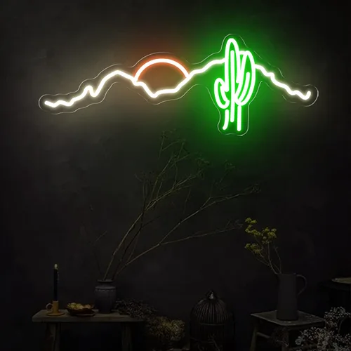 Letrero de neón, hecho a mano, arte estético fresco de montaña, puesta de sol, cactus LED, luz de neón, lámpara de noche de montaña abstracta 3D