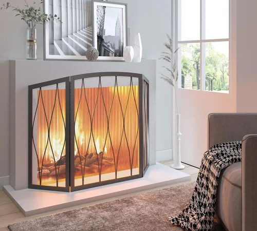 Miniatura 5 de Kingson - Pantalla de chimenea a prueba de niños de 3 paneles, de hierro forjado moderno, hecha a mano, plegable, de malla metálica, resistente