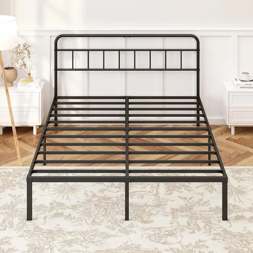 Miniatura 6 de Kujielan Marco de cama tamaño Queen de 12 pulgadas con cabecera minimalista, base de plataforma de metal con listones de metal fuertes, base