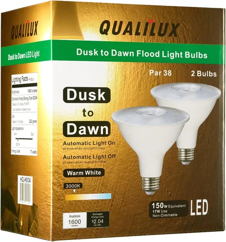 Qualilux Dusk to Dawn PAR38 Bombillas LED de inundación, blanco cálido 3000 K, equivalente a 150 W, 17 W, 1600 LM, bombilla de luz de