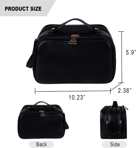 Miniatura 2 de Neceser de aseo personal, organizador de artículos de aseo de viaje de piel sintética, doble cremallera, bolsa de cosméticos de viaje de gran Negro