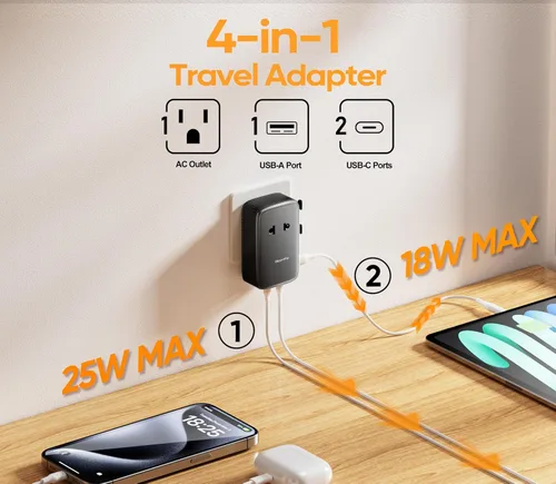 Miniatura 2 de Olcorife PD25W Mini adaptador de viaje, adaptador de corriente universal con 2 USB-C 1 USB-A, adaptador de enchufe internacional, esenciales