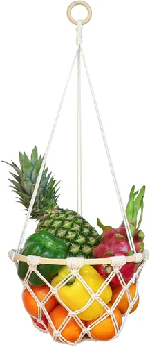 Cesta de frutas colgante de macramé de un solo nivel, soporte bohemio para verduras para cocina, almacenamiento de alimentos con gancho, organizador