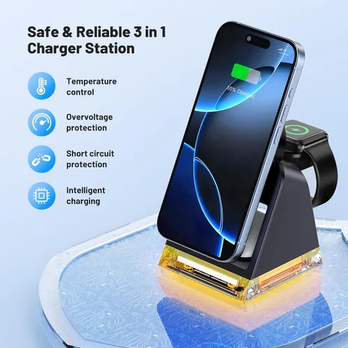 Miniatura 2 de Estación de carga rápida 3 en 1 para múltiples dispositivos Apple, soporte de cargador inalámbrico portátil con MagSafe, base de carga magnética