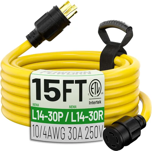 POWGRN Cable de extensión para generador de 30 amperios (15 pies), 4 clavijas, 125/250 V, 7500 W, NEMA L14-30P/L14-30R, cable de alimentación de