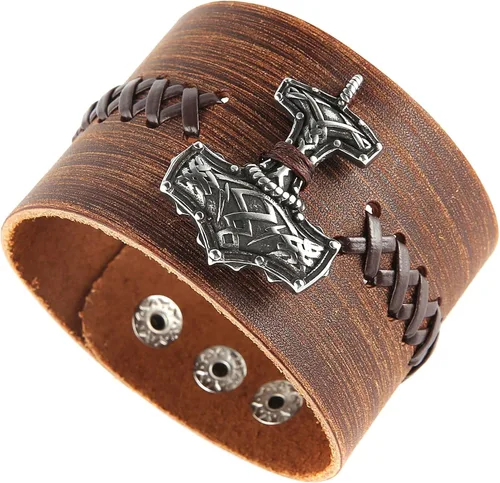 Miniatura 6 de HZMAN Mjölnir - Pulsera de piel auténtica para hombre, diseño gótico, ajustable, estilo gótico