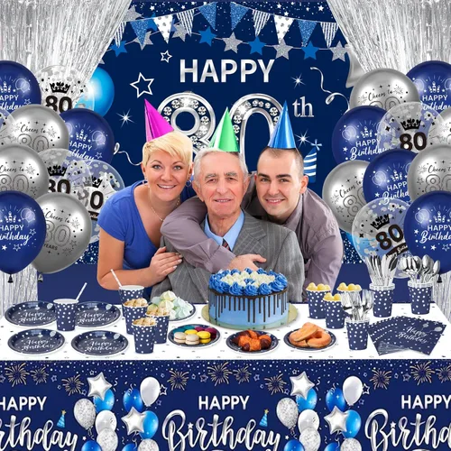 Miniatura 6 de Rumia Decoraciones de cumpleaños número 80, 131 piezas azul marino y plateado: pancarta, mantel, fondos de aluminio, globos, servilletas, vasos