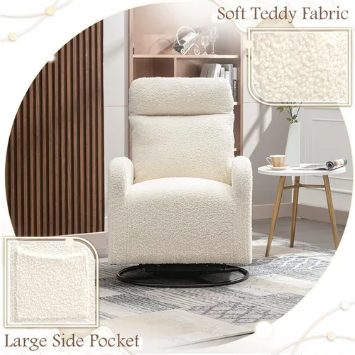 Miniatura 5 de Silla giratoria moderna, mecedora tapizada para guardería, cómoda silla mecedora con respaldo alto con bolsillo lateral y reposacabezas para sala